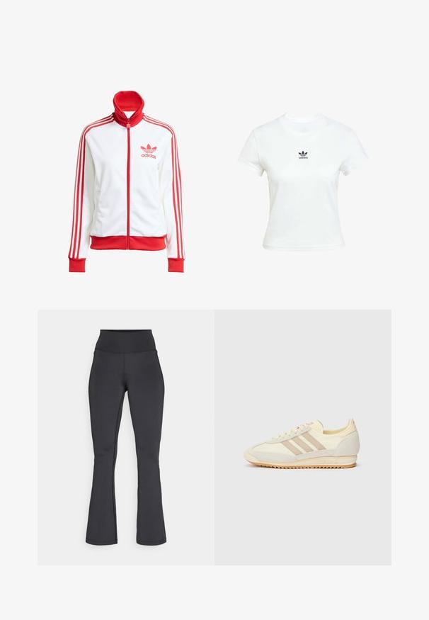 Chaqueta de pista blanca con acentos rojos, cremallera completa, alta, tres franjas rojas en las mangas y logo bordado en rojo de Adidas en el pecho.; Camiseta blanca de algodón con mangas cortas y cuello redondo. Presenta un logo negro de Adidas impreso en el pecho. Diseño simple y minimalista.; Leggings de tiro alto y acampanados en negro con costuras visibles, hechos de una tela elástica y suave, mostrados en posición plana sobre un fondo blanco.; Zapatilla deportiva crema con tres rayas beige, materiales de ante y textil, una suela texturizada y un logotipo en relieve en el talón.