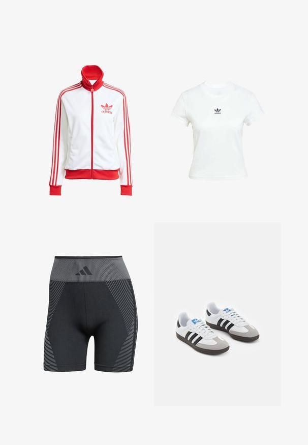 Bijela sportska jakna s crvenim detaljima, puna zatvarač, visoki ovratnik, tri crvene pruge na rukavima i vezeni crveni Adidas logo na prsima.; Bjela pamučna majica kratkih rukava s okruglim izrezom. Ima crni Adidas logo otisnut na prsima. Jednostavan, minimalistički dizajn.; Crne visoke sportske kratke hlače s mrežastom teksturom, koje imaju siva geometrijska obilježja i logotip na pojasu, izrađene od fleksibilnog materijala.; Sportske cipele s gornjištem od bijele kože, sivi suedinasti nos i tri crne pruge. Imaju plavi logo na jeziku i teksturiranu gumenu podlogu.