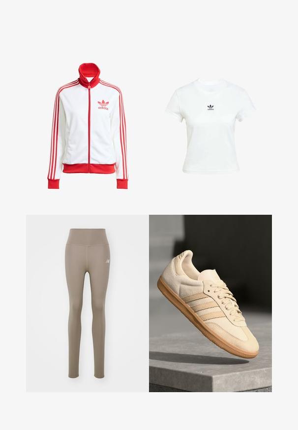 Witte sportjack met rode accenten, volledige rits, hoge kraag, drie rode strepen op de mouwen en geborduurd rood Adidas-logo op de borst.; Witte katoenen T-shirt met korte mouwen en een ronde hals. Voorzien van een zwart Adidas-logo op de borst. Eenvoudig, minimalistisch ontwerp.; Leggings in een gedempte bruine kleur, gemaakt van een gladde, rekbare stof, met een hoge tailleband en een klein logo-accent aan de zijkant.; Lichtbeige suède sneaker met een gumrubberen buitenzool, drie diagonale strepen en een textuur op de neus. Voorzien van een logo op de tong en de zijkant.