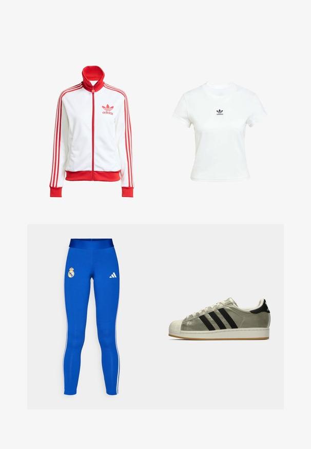 Veste de piste blanche avec des accents rouges, zip intégral, col haut, trois bandes rouges sur les manches et logo Adidas rouge brodé sur la poitrine.; T-shirt en coton blanc à manches courtes et encolure ras du cou. Présente un logo Adidas noir imprimé sur la poitrine. Design simple et minimaliste.; adidas Performance REAL MADRID WMN TIGHT - Article de supporter d'équipe nationale - collegiate royal; Baskets Adidas avec un dessus en olive métallique, trois bandes noires, un capuchon en caoutchouc à l'avant, et une semelle en gomme. Design classique avec un tissu texturé.
