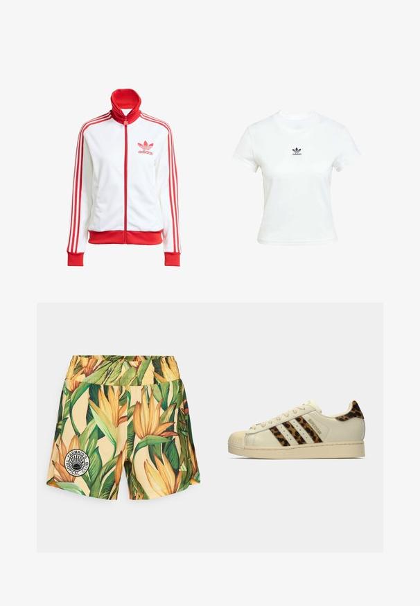 White track jacket with red accents, full zip, high collar, three red stripes on sleeves, and embroidered red Adidas logo on the chest.; White cotton t-shirt with short sleeves and a crew neckline. Features a black Adidas logo printed on the chest. Simple, minimal design.; Shorts with a yellow base featuring a vibrant tropical floral print in greens and oranges. Elastic waistband with a circular logo accent.; Off-white Adidas Superstar sneaker with leopard print stripes and heel tab, beige rubber shell toe, and "SUPERSTAR" text on the side.