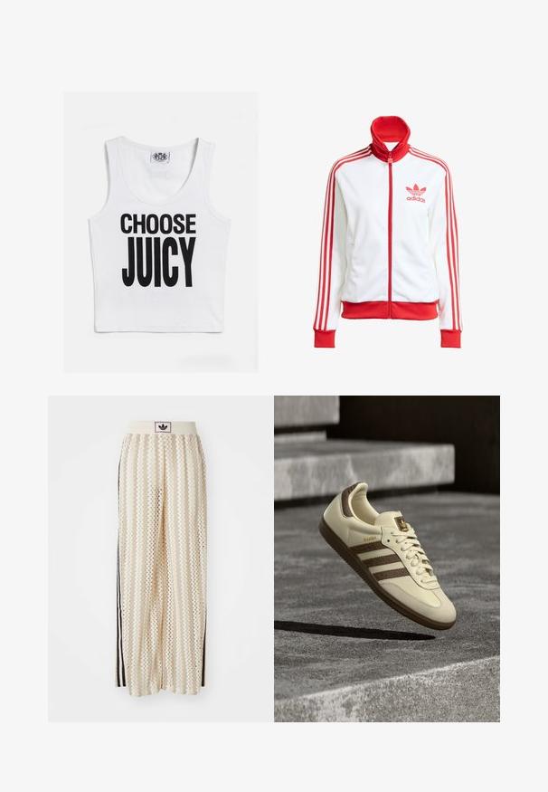 White track jacket with red accents, full zip, high collar, three red stripes on sleeves, and embroidered red Adidas logo on the chest.; White sleeveless crop top featuring bold black text that reads "CHOOSE JUICY." Made of soft, stretchy fabric with a round neckline.; Cream-colored wide-leg pants with a zigzag pattern, featuring a black logo waistband and side black stripes. Lightweight, textured fabric.; Cream-colored sneaker with brown accents, textured side stripes, and a smooth leather finish. Features a lace-up design and rubber sole.