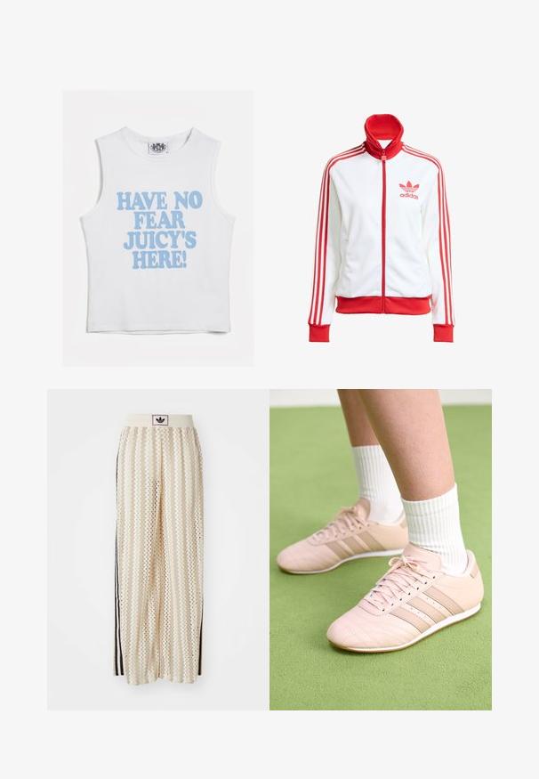 Bílá sportovní bunda na zip s červenými akcenty, vysoký límec, tři červené pruhy na rukávech a vyšitým červeným logem Adidas na hrudi.; Bílý bezrukávový crop top s výrazným modrým textem, který říká "NEMĚJTE STRACH, JUICY JE TADY!" Měkká bavlněná tkanina s kulatým výstřihem.; Krémové široké kalhoty s cikcak vzorem, s černým logem na pásu a černými pruhy po stranách. Lehčí, texturovaná tkanina.; Svetle růžové sportovní boty s diagonálním švem, bílou podrážkou a třemi bočními pruhy. Nosené s bílými žebrovanými ponožkami na zeleném povrchu.