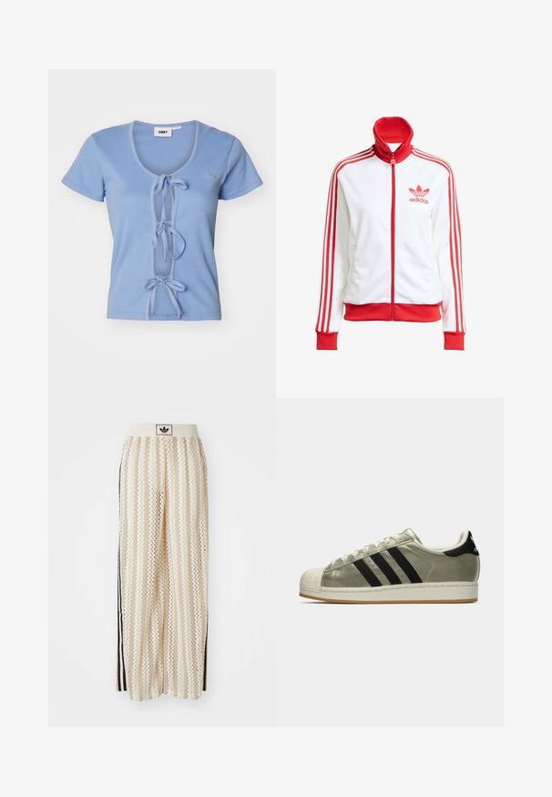Vit track jacket med röda accenter, hel dragkedja, hög krage, tre röda ränder på ärmarna och broderad röd Adidas-logotyp på bröstet.; Ljusblå ribbad t-shirt med korta ärmar, med en djup v-ringning och framknytningar för justering. Märkesnamnet är broderat på bröstet.; Krämfärgade vida byxor med ett zick-zack-mönster, med en svart logoband och svarta sidostråk. Lätt och strukturerad tyg.; Adidas sneakers med en metallisk olivgrön ovandel, tre svarta ränder, gummitå och en gummiyttersula. Klassisk design med textilstruktur.