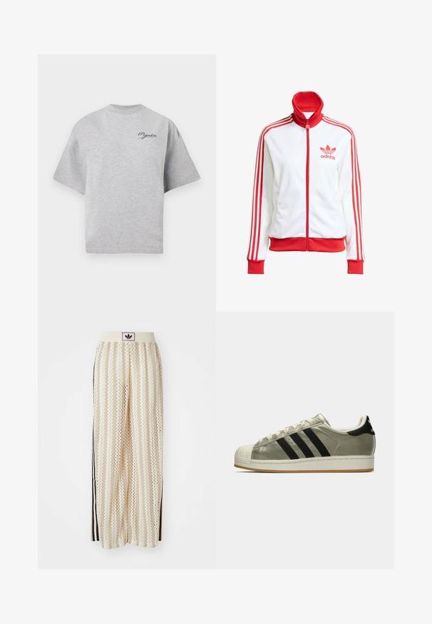 Bijela sportska jakna s crvenim detaljima, puna zatvarač, visoki ovratnik, tri crvene pruge na rukavima i vezeni crveni Adidas logo na prsima.; Sivi oversized majica od pamuka, s kružnim izrezom, kratkim rukavima i mornarsko plavim logotipom na gornjoj lijevoj strani.; Pantalone širokog kroja krem boje s zigzag uzorkom, koji sadrži sivi pojas s crnim logotipom i bočne crne pruge. Lagani, teksturirani materijal.; Adidas tenisice s metalik maslinastim gornjim dijelom, tri crne pruge, gumeni zaštitni dio na prstima i guma potplat. Klasičan dizajn s teksturiranom tkaninom.