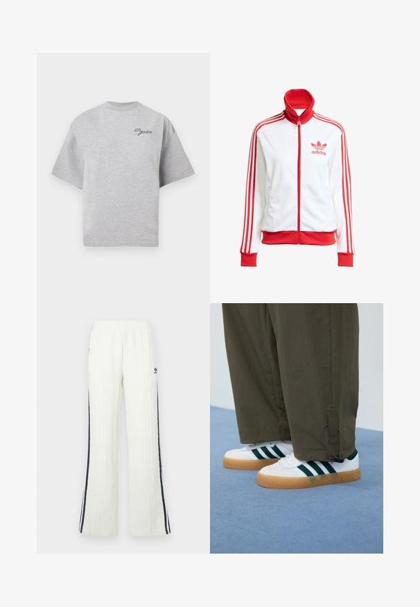 Chaqueta de pista blanca con acentos rojos, cremallera completa, alta, tres franjas rojas en las mangas y logo bordado en rojo de Adidas en el pecho.; Camiseta de gran tamaño en color gris, hecha de algodón, con cuello redondo, mangas cortas y un logotipo en azul marino en la parte superior izquierda.; Pantalones de color crema claro, de tejido de punto con diseño acampanado. Presentan franjas laterales en azul oscuro y un logo de Adidas en la cadera. Cintura elástica.; Zapatillas blancas con rayas verdes, suelas de goma, combinadas con pantalones oliva ajustados que presentan toggles en los tobillos.