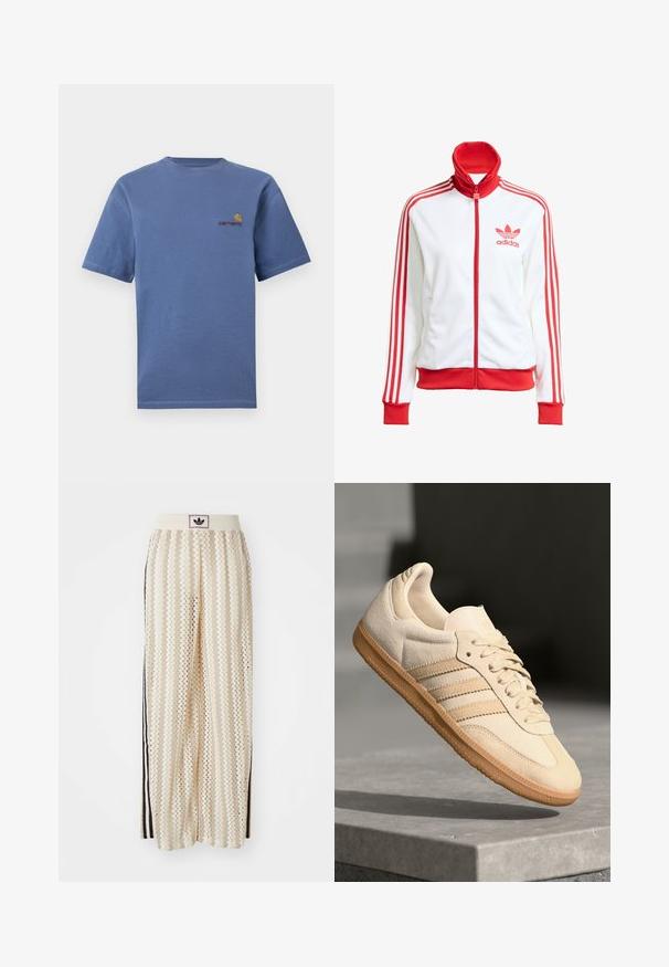 Witte sportjack met rode accenten, volledige rits, hoge kraag, drie rode strepen op de mouwen en geborduurd rood Adidas-logo op de borst.; Blauwe katoenen T-shirt met korte mouwen, voorzien van een klein rood en geel logo op de borst. Simpele ronde halslijn met rechte zoom.; Crème kleurige wijde broek met een zigzagpatroon, met een zwarte logo tailleband en zij zwarte strepen. Lichtgewicht, gestructureerde stof.; Lichtbeige suède sneaker met een gumrubberen buitenzool, drie diagonale strepen en een textuur op de neus. Voorzien van een logo op de tong en de zijkant.