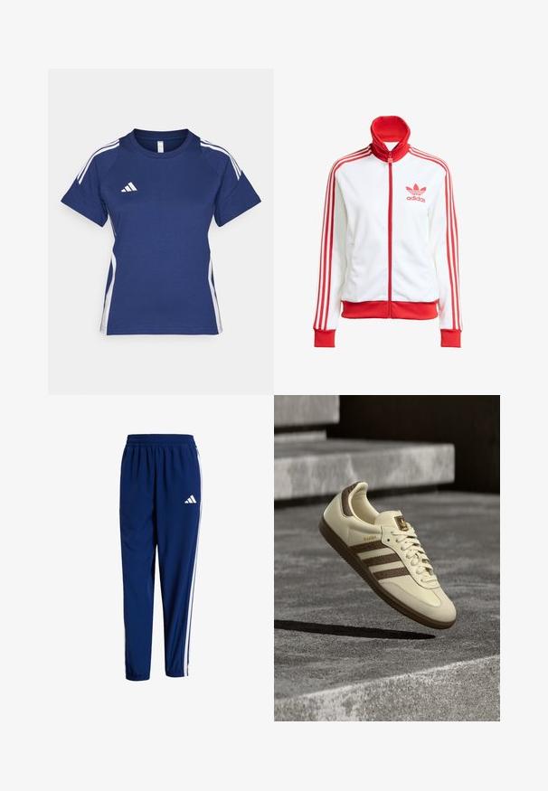 Bijela sportska jakna s crvenim detaljima, puna zatvarač, visoki ovratnik, tri crvene pruge na rukavima i vezeni crveni Adidas logo na prsima.; Mornarsko plava sportska majica s bijelim bočnim trakama i Adidas logom na prsima. Kratki rukavi i okrugli izrez. Materijal od mješavine pamuka.; Morske atletske hlače s rastezljivim pojasom, bijelim bočnim trakama i bijelim logotipom. Napravljene od lagane tkanine s glatkom teksturom.; Tenisica krem boje sa smeđim detaljima, teksturiranim bočnim prugama i glatkom kožnom završnom obradom. Ima pertlanje i gumeni potplat.