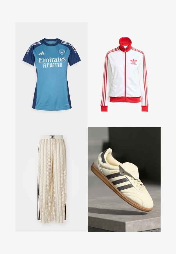 Bílá sportovní bunda na zip s červenými akcenty, vysoký límec, tři červené pruhy na rukávech a vyšitým červeným logem Adidas na hrudi.; Tyrkysový a námořnický modrý fotbalový dres s krátkými rukávy, s bílým logem "Emirates", textem "FLY BETTER" a pruhy Adidas.; Krémové široké kalhoty s cikcak vzorem, s černým logem na pásu a černými pruhy po stranách. Lehčí, texturovaná tkanina.; Krémové kožené tenisky se třemi tmavými pruhy, hnědou gumovou podrážkou a zaoblenou špičkou. Mají skládací jazyk s nápisem "SAMBA."