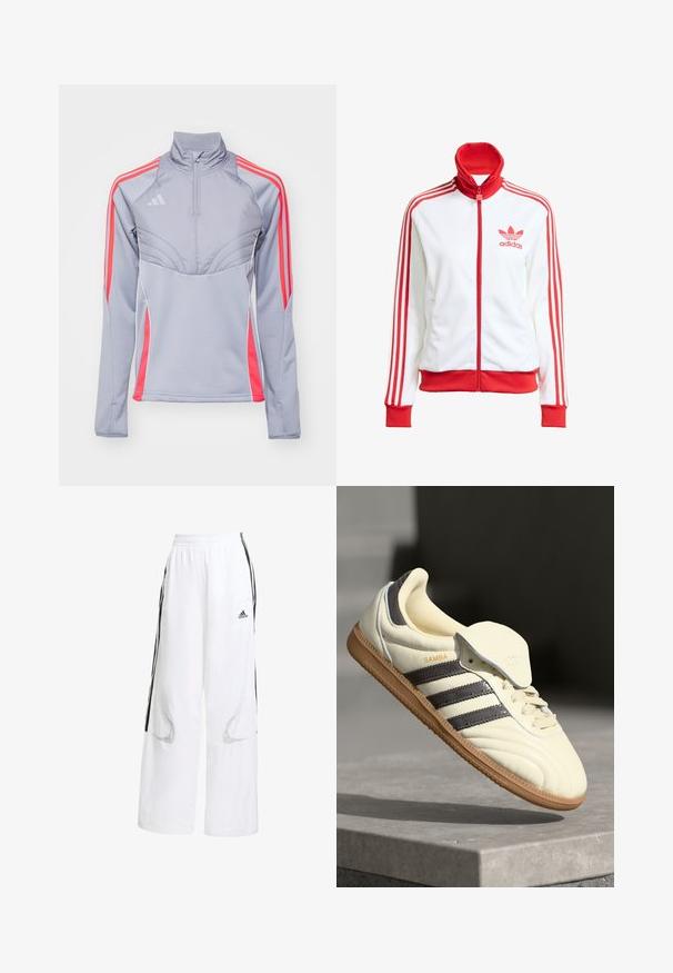 Biała kurtka sportowa z czerwonymi akcentami, na zamek błyskawiczny, wysoki kołnierz, trzy czerwone paski na rękawach oraz haftowane czerwone logo Adidas na piersi.; Jasnoszara sportowa kurtka z różowymi akcentami, wysoki kołnierz i zamek błyskawiczny z przodu. Posiada trzy paski na każdym rękawie oraz teksturowany wzór.; Białe sportowe spodnie o luźnym kroju, z czarnymi pasami po bokach, elastycznym paskiem w talii i siateczkowymi wstawkami dla lepszej wentylacji.; Kremowe skórzane trampki z trzema ciemnymi paskami, brązową gumową podeszwą i zaokrąglonym noskiem. Posiadają składany język z napisem "SAMBA".