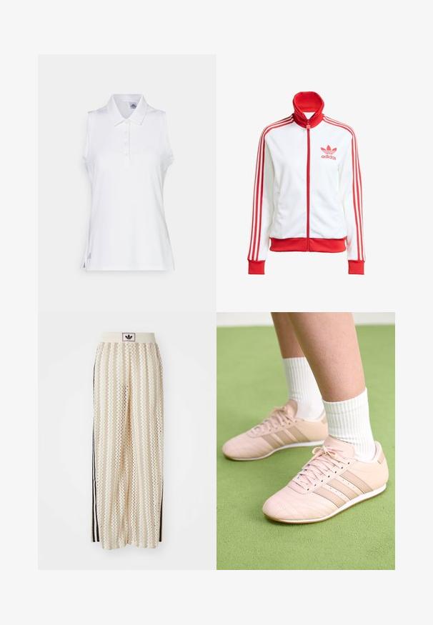 Giacca da track bianca con accenti rossi, zip completa, colletto alto, tre strisce rosse sulle maniche e logo Adidas rosso ricamato sul petto.; Polo shirt bianco senza maniche realizzato in un tessuto liscio, dotato di colletto, patta con cinque bottoni e discreti spacchetti laterali con un piccolo dettaglio del logo sull'orlo.; Pantaloni a gamba larga color crema con un motivo a zigzag, dotati di una fascia in vita nera con logo e strisce nere laterali. Tessuto leggero e testurizzato.; Scarpe da ginnastica rosa chiaro con cuciture diagonali, suole bianche e tre strisce laterali. Indossate con calze bianche a coste su una superficie verde.