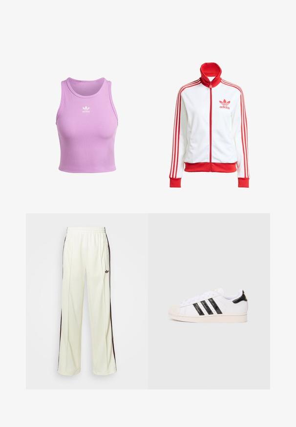 White track jacket with red accents, full zip, high collar, three red stripes on sleeves, and embroidered red Adidas logo on the chest.; adidas Originals ESS TANK - Top - preloved purple; Cream-colored sweatpants with a relaxed fit, featuring dark brown side stripes and an embroidered logo on the left thigh.; White sneaker with black textured stripes and accents; features a rubber toe cap, flat laces, and cushioning around the ankle.