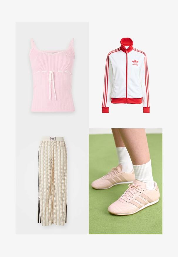 Vit track jacket med röda accenter, hel dragkedja, hög krage, tre röda ränder på ärmarna och broderad röd Adidas-logotyp på bröstet.; Rosa ribbad linne med spetskant, med dragsko i midjan och texturerat mönster, utformat med tunna justerbara axelband.; Krämfärgade vida byxor med ett zick-zack-mönster, med en svart logoband och svarta sidostråk. Lätt och strukturerad tyg.; Ljusrosa sportskor med diagonala sömmar, vita sulor och tre sidostrikar. Bärs tillsammans med ribbade vita strumpor på grön yta.