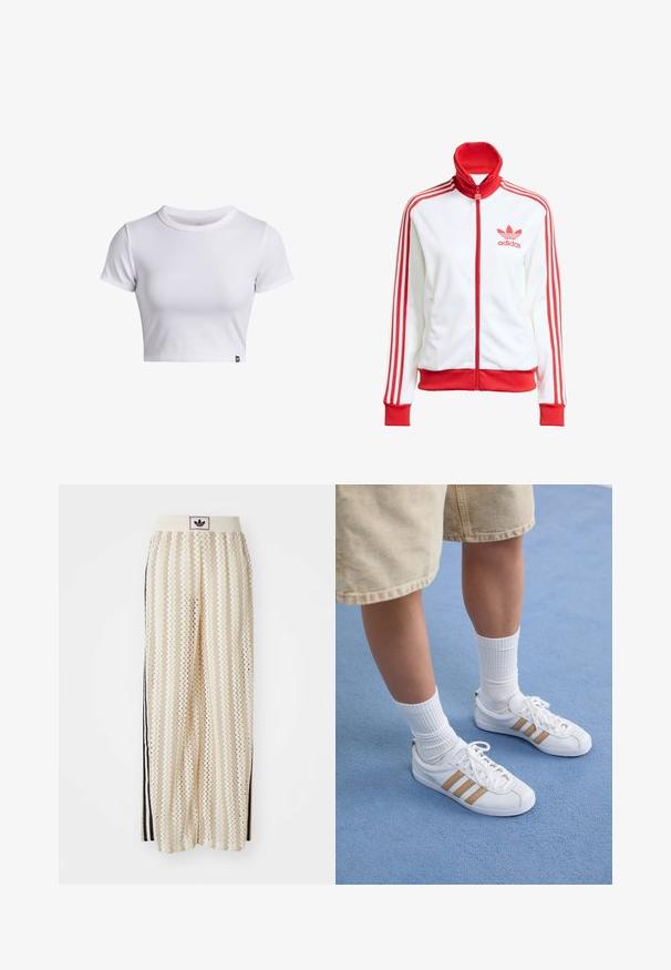 White track jacket with red accents, full zip, high collar, three red stripes on sleeves, and embroidered red Adidas logo on the chest.; White ribbed short-sleeve cropped t-shirt with crew neck and small black logo tag at the bottom hem.; Cream-colored wide-leg pants with a zigzag pattern, featuring a black logo waistband and side black stripes. Lightweight, textured fabric.; White sneakers with three gold stripes, lace-up design, rubber sole, worn with ribbed white socks and beige shorts on a blue surface.
