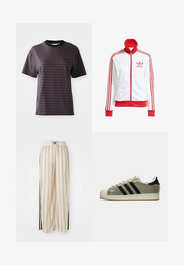 Weißer Trainingsjacke mit roten Akzenten, Vollreißverschluss, hohem Kragen, drei roten Streifen an den Ärmeln und gesticktem roten Adidas-Logo auf der Brust.; Lila und schwarze gestreifte T-Shirt mit kurzen Ärmeln, rundem Ausschnitt und einem kleinen Logodetail auf der Brust. Weicher Stoff.; Cremfarbene, weit geschnittene Hosen mit einem Zickzackmuster, ausgestattet mit einem schwarzen Logo-Bund und seitlichen schwarzen Streifen. Leichter, strukturierter Stoff.; Adidas Sneaker mit einem metallischen Oliven-Obermaterial, drei schwarzen Streifen, Gummizehenspitze und einer Gummisohle. Klassisches Design mit strukturiertem Stoff.