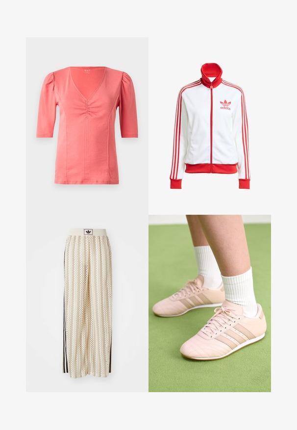 Chaqueta de pista blanca con acentos rojos, cremallera completa, alta, tres franjas rojas en las mangas y logo bordado en rojo de Adidas en el pecho.; Top corto de manga corta en color coral con escote en V, detalle fruncido en la parte frontal y tejido elástico suave. Textura suave y diseño ajustado.; Pantalones de pierna ancha en color crema con un patrón en zigzag, que cuentan con una cinturilla con logo negro y franjas negras en los laterales. Tejido ligero y texturizado.; Zapatillas deportivas rosa claro con costuras diagonales, suelas blancas y tres rayas laterales. Llevadas con calcetines blancos con canalé sobre una superficie verde.