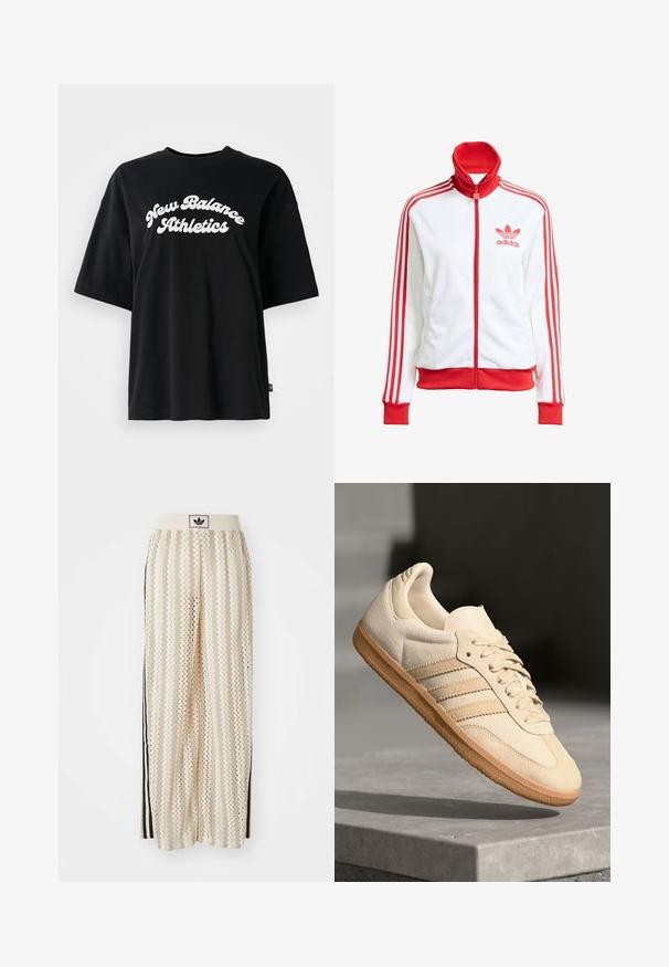 White track jacket with red accents, full zip, high collar, three red stripes on sleeves, and embroidered red Adidas logo on the chest.; Black cotton T-shirt with short sleeves and a round neck, featuring white text "New Balance Athletics" in a curved design.; Cream-colored wide-leg pants with a zigzag pattern, featuring a black logo waistband and side black stripes. Lightweight, textured fabric.; Light beige suede sneaker with gum outsole, three diagonal stripes, and a textured toe cap. Features logo on the tongue and side.