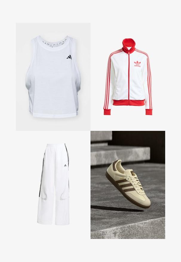 Giacca da track bianca con accenti rossi, zip completa, colletto alto, tre strisce rosse sulle maniche e logo Adidas rosso ricamato sul petto.; Top corto bianco realizzato in tessuto leggero con scollatura rotonda. Presenta un logo nero sul lato sinistro e una texture liscia.; Pantaloni sportivi bianchi con una vestibilità ampia, caratterizzati da strisce laterali nere, vita elasticizzata e ritagli in rete per la ventilazione.; Scarpa da ginnastica color crema con accenti marroni, strisce laterali texturizzate e finitura in pelle liscia. Presenta una chiusura con lacci e suola in gomma.