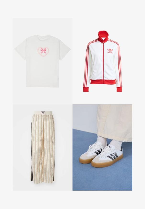 Bijela sportska jakna s crvenim detaljima, puna zatvarač, visoki ovratnik, tri crvene pruge na rukavima i vezeni crveni Adidas logo na prsima.; Bijela pamučna majica s dizajnom ružičastog srca s mašnom i detaljima od lanca. Kratki rukavi i okrugli izrez. Mekana tekstura.; Pantalone širokog kroja krem boje s zigzag uzorkom, koji sadrži sivi pojas s crnim logotipom i bočne crne pruge. Lagani, teksturirani materijal.; Bjele tenisice s crnim prugama i bež suknjom. Imaju teksturiranu gumu potplat i ravne bijele vezice, nošene uz svijetle čarape.