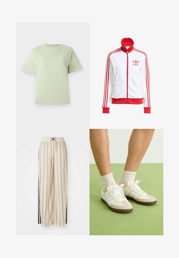 White track jacket with red accents, full zip, high collar, three red stripes on sleeves, and embroidered red Adidas logo on the chest.; Light green cotton t-shirt with a round neckline, short sleeves, and a circular graphic print on the chest. Soft texture, relaxed fit.; Cream-colored wide-leg pants with a zigzag pattern, featuring a black logo waistband and side black stripes. Lightweight, textured fabric.; Samba sneakers with a cream and beige color scheme, featuring three light blue stripes, white laces, and brown rubber soles.