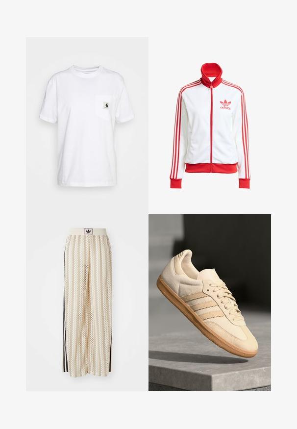 Chaqueta de pista blanca con acentos rojos, cremallera completa, alta, tres franjas rojas en las mangas y logo bordado en rojo de Adidas en el pecho.; Camiseta de algodón blanca con mangas cortas, cuello redondo y un bolsillo en el pecho izquierdo que presenta una etiqueta de logo en blanco y negro.; Pantalones de pierna ancha en color crema con un patrón en zigzag, que cuentan con una cinturilla con logo negro y franjas negras en los laterales. Tejido ligero y texturizado.; Zapatillas de ante beige claro con suela de goma, tres rayas diagonales y una puntera texturizada. Presenta el logo en la lengüeta y en el lateral.