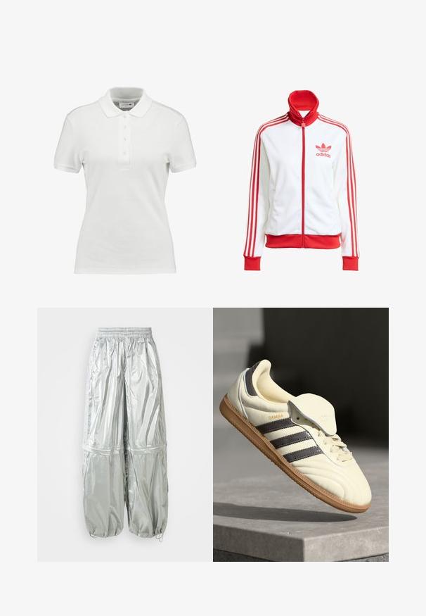Biała kurtka sportowa z czerwonymi akcentami, na zamek błyskawiczny, wysoki kołnierz, trzy czerwone paski na rękawach oraz haftowane czerwone logo Adidas na piersi.; Biała koszulka polo wykonana z teksturowanej bawełny, z klasycznym kołnierzykiem, zapięciem na trzy guziki oraz małym logiem Lacoste na piersi.; Srebrne, lekkie spodnie cargo o błyszczącej fakturze, elastycznym pasku w talii, zebranych mankietach i dwiema dużymi przednimi kieszeniami.; Kremowe skórzane trampki z trzema ciemnymi paskami, brązową gumową podeszwą i zaokrąglonym noskiem. Posiadają składany język z napisem "SAMBA".