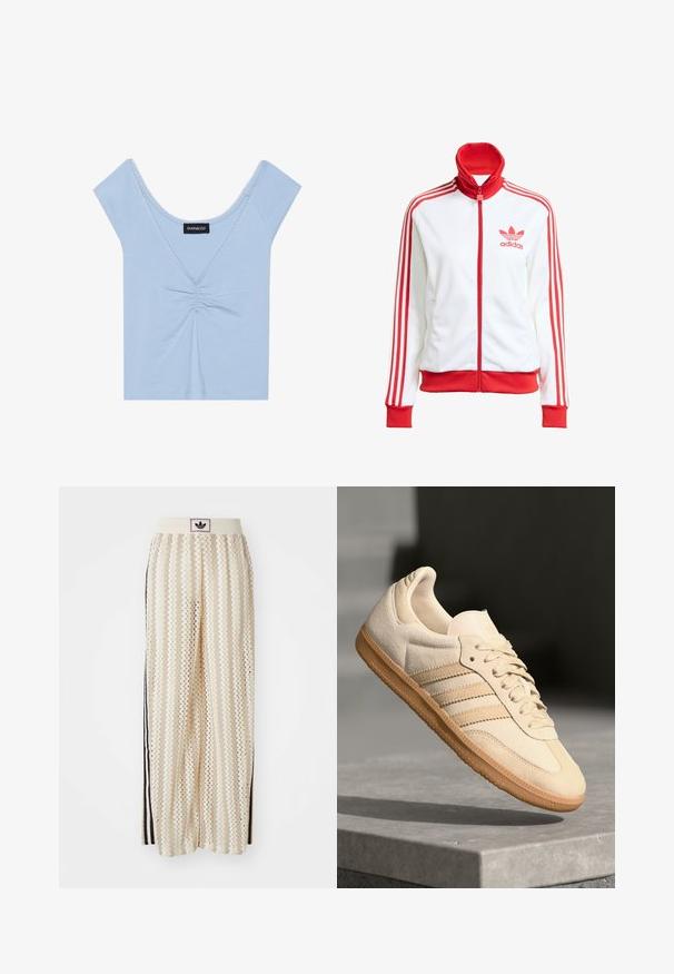 Hvid træningsjakke med røde accenter, fuld lynlås, høj krave, tre røde striber på ærmerne og broderet rødt Adidas-logo på brystet.; Lyseblå kortærmet top lavet af blødt stof, med en samlet front, en scoop halsudskæring og bølgende kant langs halsudskæringen.; Cremefarvede bukser med vidde, der har et zigzag-mønster, med en sort logoelastik i taljen og sorte striber på siden. Letvægtigt, tekstureret stof.; Lys beige ruskinds sneakers med gummisål, tre diagonale striber og en tekstureret tætsko. Har logo på tungen og siden.