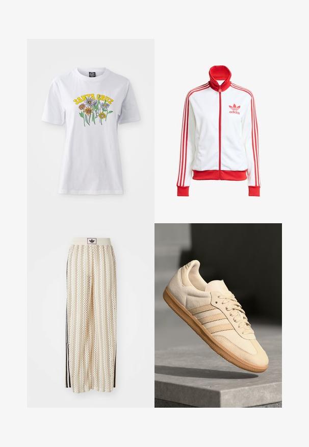 Giacca da track bianca con accenti rossi, zip completa, colletto alto, tre strisce rosse sulle maniche e logo Adidas rosso ricamato sul petto.; T-shirt in cotone bianco con un design floreale colorato e testo "SANTA CRUZ" in giallo, scollo rotondo, maniche corte e vestibilità rilassata.; Pantaloni a gamba larga color crema con un motivo a zigzag, dotati di una fascia in vita nera con logo e strisce nere laterali. Tessuto leggero e testurizzato.; Sneaker in suede beige chiaro con suola in gomma, tre strisce diagonali e punta con texture. Presenta il logo sulla linguetta e sul lato.