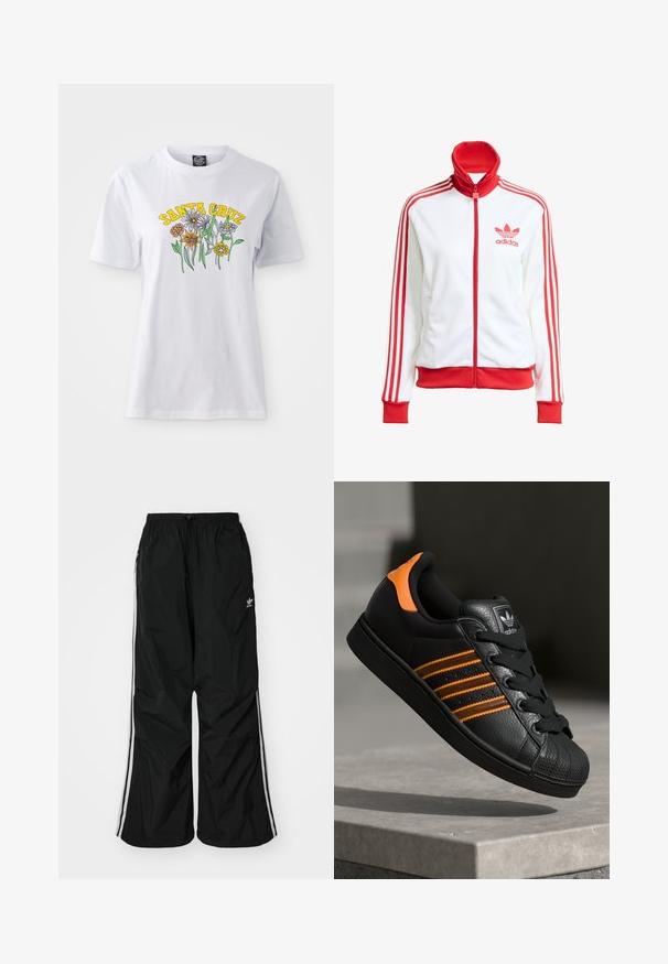 Weißer Trainingsjacke mit roten Akzenten, Vollreißverschluss, hohem Kragen, drei roten Streifen an den Ärmeln und gesticktem roten Adidas-Logo auf der Brust.; Weißes Baumwoll-T-Shirt mit einem bunten Blumendesign und dem Text "SANTA CRUZ" in Gelb, runder Ausschnitt, kurze Ärmel und lässiger Schnitt.; Schwarze Windbreaker-Hose mit elastischem Bund, Kordelzug, weißen seitlichen Streifen, lockerer Passform und einem kleinen Logo auf der linken Seite.; Schwarze Sneaker mit orangen Akzenten, drei horizontalen Streifen, strukturiertem Lederobermaterial, Gummikappe und schwarzen Schnürsenkeln.