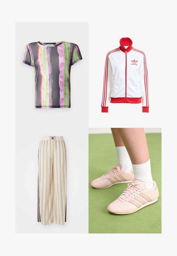 White track jacket with red accents, full zip, high collar, three red stripes on sleeves, and embroidered red Adidas logo on the chest.; Short-sleeve T-shirt made of sheer fabric, featuring a colorful watercolor stripe pattern in green, pink, and purple tones.; Cream-colored wide-leg pants with a zigzag pattern, featuring a black logo waistband and side black stripes. Lightweight, textured fabric.; Light pink athletic shoes with diagonal stitching, white soles, and three lateral stripes. Worn with ribbed white socks on green surface.