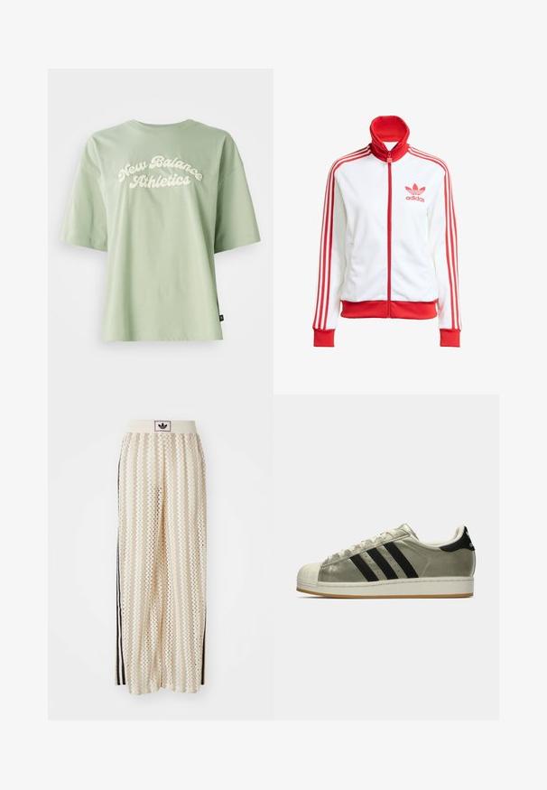 Vit track jacket med röda accenter, hel dragkedja, hög krage, tre röda ränder på ärmarna och broderad röd Adidas-logotyp på bröstet.; Grön bomullströja med en krökt, krämfärgad "New Balance Athletics"-logotyp på framsidan, med korta ärmar och en avslappnad passform.; Krämfärgade vida byxor med ett zick-zack-mönster, med en svart logoband och svarta sidostråk. Lätt och strukturerad tyg.; Adidas sneakers med en metallisk olivgrön ovandel, tre svarta ränder, gummitå och en gummiyttersula. Klassisk design med textilstruktur.