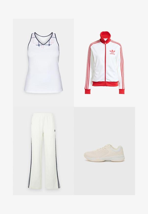Vit track jacket med röda accenter, hel dragkedja, hög krage, tre röda ränder på ärmarna och broderad röd Adidas-logotyp på bröstet.; Vit sporttopp med V-hals och ett rutigt mönster i marinblått och rött på den övre delen. Slitstarkt, lättviktsmaterial.; Ljuskrämfärgade, kabelstickade byxor med utsvängd design. Har mörkblå sidostripes och en Adidas-logotyp på höften. Elastisk midjeband.; Ljust beige träningsko med en texturerad ovandel, kontrasterande vita accenter, rund tå och flexibel gummisula.