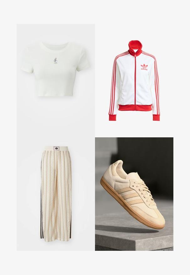 Biela tréningová bunda s červenými akcentmi, plný zips, vysoký golier, tri červené pruhy na rukávoch a vyšívané červené logo Adidas na hrudi.; Strihané biele tričko vyrobené z mäkkej látky, s malou vyšitou karikatúrou na hrudi, krátkymi rukávmi a okrúhlym výstrihom.; Béžové nohavice s širokými nohavicami a zigzagovými vzormi, s čiernym logom na páse a bočnými čiernymi pruhmi. Ľahká, textúrovaná látka.; Svetlo béžová semišová teniska s gumovou podrážkou, tromi diagonálnymi pruhmi a textúrovaným špičkovým krytom. Obsahuje logo na jazyku a boku.