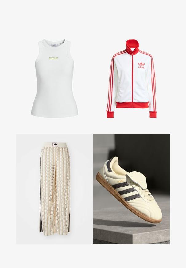 Giacca da track bianca con accenti rossi, zip completa, colletto alto, tre strisce rosse sulle maniche e logo Adidas rosso ricamato sul petto.; Canotta bianca a costine con un design aderente, che presenta un testo ricamato verde "UN PO' DRAMMATICO" sul davanti.; Pantaloni a gamba larga color crema con un motivo a zigzag, dotati di una fascia in vita nera con logo e strisce nere laterali. Tessuto leggero e testurizzato.; Sneaker in pelle crema con tre strisce scure, suola in gomma marrone e punta arrotondata. Presenta una linguetta pieghevole etichettata "SAMBA".