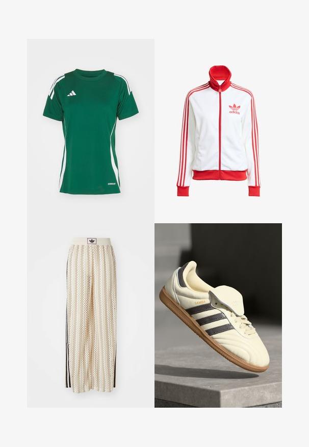 Chaqueta de pista blanca con acentos rojos, cremallera completa, alta, tres franjas rojas en las mangas y logo bordado en rojo de Adidas en el pecho.; Camiseta atlética verde hecha de material que absorbe la humedad, con franjas laterales blancas, cuello redondo y el logo de Adidas en la parte superior izquierda.; Pantalones de pierna ancha en color crema con un patrón en zigzag, que cuentan con una cinturilla con logo negro y franjas negras en los laterales. Tejido ligero y texturizado.; Zapatilla de cuero crema con tres rayas oscuras, suela de goma marrón y punta redondeada. Cuenta con una lengüeta plegable etiquetada como "SAMBA".
