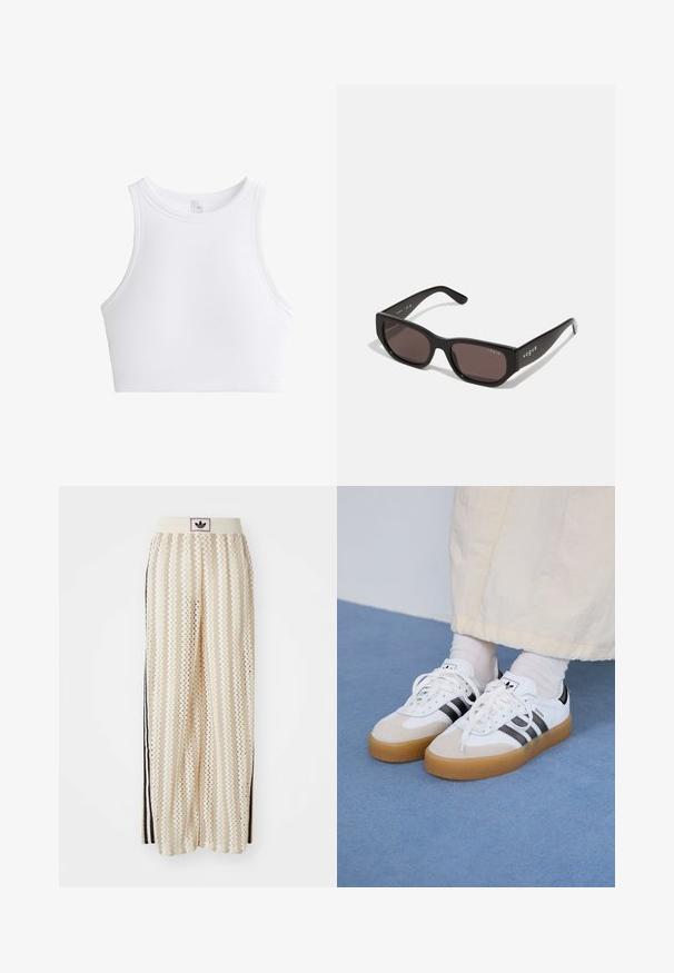 Giacca da track bianca con accenti rossi, zip completa, colletto alto, tre strisce rosse sulle maniche e logo Adidas rosso ricamato sul petto.; Top corto bianco a righe con scollatura rotonda e senza maniche. Presenta un tessuto testurizzato per maggiore dettaglio e flessibilità.; Pantaloni a gamba larga color crema con un motivo a zigzag, dotati di una fascia in vita nera con logo e strisce nere laterali. Tessuto leggero e testurizzato.; Sneakers bianche con strisce nere e accenti in suede beige. Presentano una suola in gomma texturizzata e lacci bianchi piatti, indossate con calzini di colore chiaro.; Occhiali da sole rettangolari neri con lenti scure. Presentano una montatura in plastica liscia e un dettaglio del logo sulla tempia. Design pulito e moderno.
