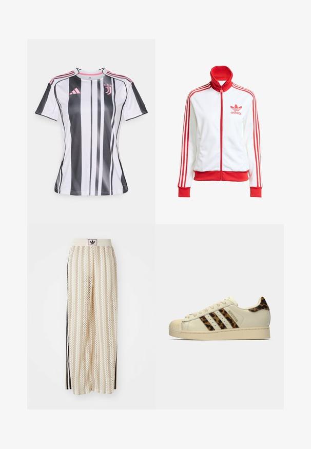 Biała kurtka sportowa z czerwonymi akcentami, na zamek błyskawiczny, wysoki kołnierz, trzy czerwone paski na rękawach oraz haftowane czerwone logo Adidas na piersi.; Biało-czarny pasiasty dres piłkarski z różowymi akcentami, z krótkim rękawem i okrągłym dekoltem. Posiada logo marki Adidas oraz herb klubu.; Kremowe szerokie spodnie w stylu palazzo z wzorem w zygzak, z czarnym paskiem z logo oraz bocznymi czarnymi paskami. Lekki, teksturowany materiał.; Beżowe sneakersy Adidas Superstar w kolorze off-white z wężowymi paskami i tabliczką z tyłu, beżową gumową czubek oraz napisem "SUPERSTAR" na boku.