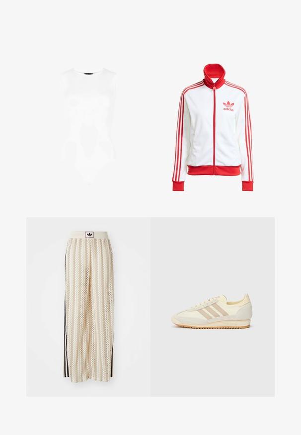 Weißer Trainingsjacke mit roten Akzenten, Vollreißverschluss, hohem Kragen, drei roten Streifen an den Ärmeln und gesticktem roten Adidas-Logo auf der Brust.; Weißer ärmelloser Bodysuit mit rundem Ausschnitt, glatter Textur und taillierter Silhouette, mit einem Tanga-Schnitt am unteren Ende.; Cremfarbene, weit geschnittene Hosen mit einem Zickzackmuster, ausgestattet mit einem schwarzen Logo-Bund und seitlichen schwarzen Streifen. Leichter, strukturierter Stoff.; Cremefarbene sportliche Sneakers mit drei beigen Streifen, aus Wildleder und Textilmaterialien, einer strukturierten Sohle und geprägtem Branding an der Ferse.