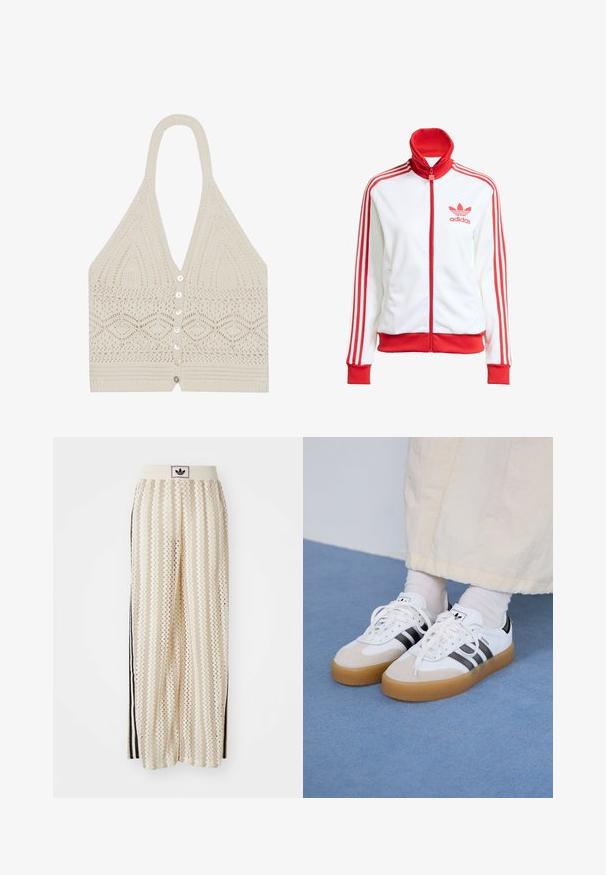 Hvid træningsjakke med røde accenter, fuld lynlås, høj krave, tre røde striber på ærmerne og broderet rødt Adidas-logo på brystet.; Strikket halterneck-top i creme, med et geometrisk mønster, dyb V-udskæring og fem knapper foran med en tekstureret finish i kanten.; Cremefarvede bukser med vidde, der har et zigzag-mønster, med en sort logoelastik i taljen og sorte striber på siden. Letvægtigt, tekstureret stof.; Hvide sneakers med sorte striber og beige ruskindsdetaljer. Har en tekstureret gummisål og flade hvide snørebånd, båret med lyse sokker.