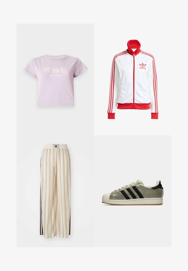 White track jacket with red accents, full zip, high collar, three red stripes on sleeves, and embroidered red Adidas logo on the chest.; Lilac cotton t-shirt with short sleeves, featuring a graphic of three spirals above the text "BILLABONG" in a lighter shade.; Cream-colored wide-leg pants with a zigzag pattern, featuring a black logo waistband and side black stripes. Lightweight, textured fabric.; Adidas sneakers with a metallic olive upper, three black stripes, rubber toe cap, and a gum outsole. Classic design with textured fabric.