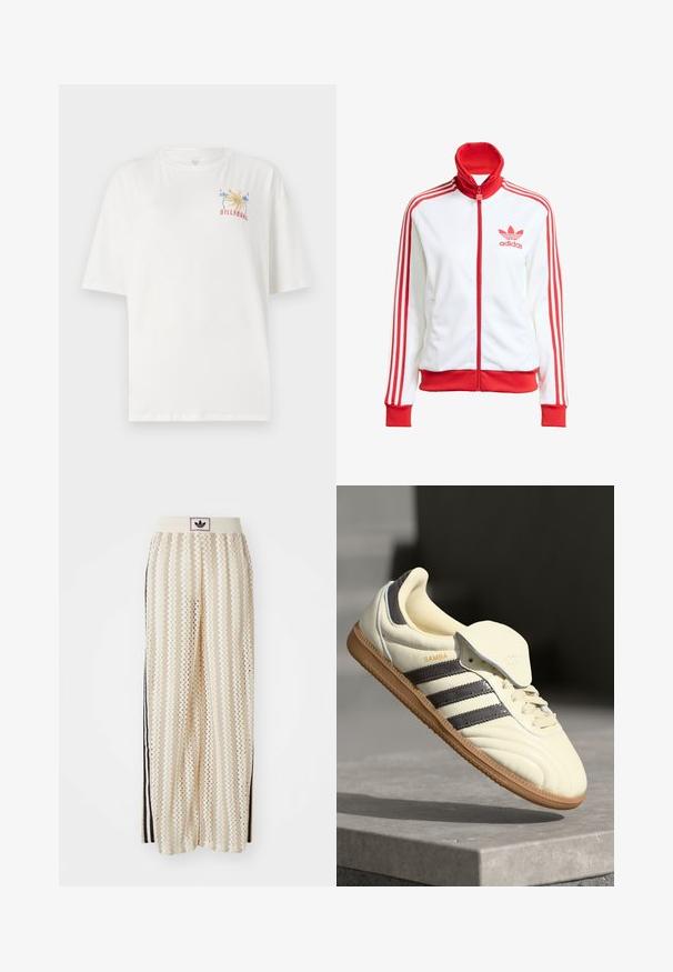 Chaqueta de pista blanca con acentos rojos, cremallera completa, alta, tres franjas rojas en las mangas y logo bordado en rojo de Adidas en el pecho.; Camiseta blanca de algodón con un corte relajado, que presenta un colorido logo de Billabong con palmeras y el año "1973" bordado en el lado izquierdo del pecho.; Pantalones de pierna ancha en color crema con un patrón en zigzag, que cuentan con una cinturilla con logo negro y franjas negras en los laterales. Tejido ligero y texturizado.; Zapatilla de cuero crema con tres rayas oscuras, suela de goma marrón y punta redondeada. Cuenta con una lengüeta plegable etiquetada como "SAMBA".