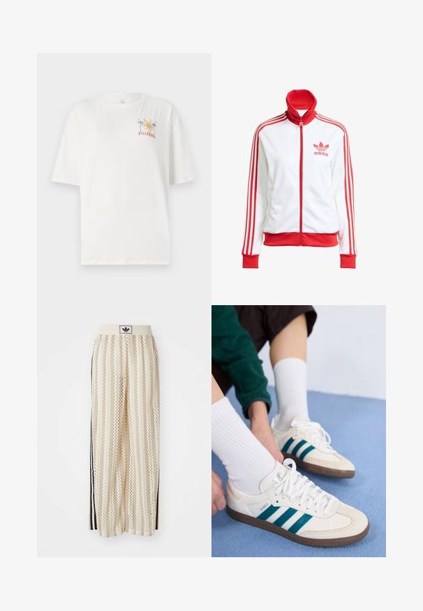 Hvid træningsjakke med røde accenter, fuld lynlås, høj krave, tre røde striber på ærmerne og broderet rødt Adidas-logo på brystet.; Hvid bomulds t-shirt med afslappet pasform, prydet med et farverigt Billabong-logo med palmer og året "1973" broderet på venstre bryst.; Cremefarvede bukser med vidde, der har et zigzag-mønster, med en sort logoelastik i taljen og sorte striber på siden. Letvægtigt, tekstureret stof.; Hvide atletiske sko med teal-striber, tekstureret overdel og brune gummisåler. Sættet med hvide ribbede sokker.
