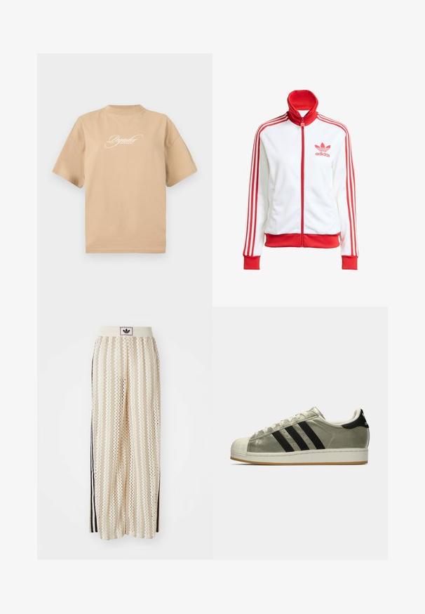 White track jacket with red accents, full zip, high collar, three red stripes on sleeves, and embroidered red Adidas logo on the chest.; Beige cotton t-shirt with short sleeves, round neckline, and white cursive text on the front reading "Pegador Dreams Come True."; Cream-colored wide-leg pants with a zigzag pattern, featuring a black logo waistband and side black stripes. Lightweight, textured fabric.; Adidas sneakers with a metallic olive upper, three black stripes, rubber toe cap, and a gum outsole. Classic design with textured fabric.