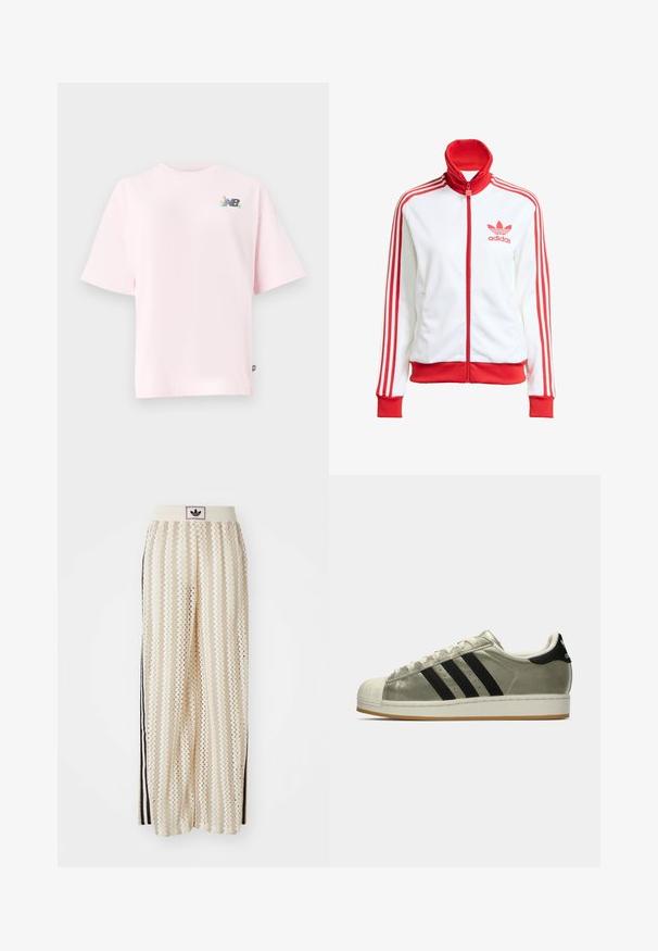 Biela tréningová bunda s červenými akcentmi, plný zips, vysoký golier, tri červené pruhy na rukávoch a vyšívané červené logo Adidas na hrudi.; Tričko s krátkym rukávom a okrúhlym výstrihom v svetloružovej bavlnenej farbe, so živým logom New Balance na ľavej hrudi. Bežný strih, mäkká textúra.; Béžové nohavice s širokými nohavicami a zigzagovými vzormi, s čiernym logom na páse a bočnými čiernymi pruhmi. Ľahká, textúrovaná látka.; Tenisky Adidas s metalickým olivovým zvrškom, tromi čiernymi pruhmi, gumovou špičkou a gumovou podrážkou. Klasický dizajn s textúrovanou tkaninou.