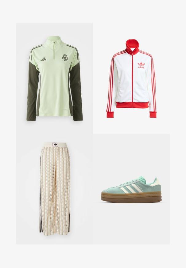 Vit track jacket med röda accenter, hel dragkedja, hög krage, tre röda ränder på ärmarna och broderad röd Adidas-logotyp på bröstet.; Ljusgrön idrottströja med mörkgröna ärmar, kvartdragkedja och vita ränder; har en logotyp på bröstet och AeroReady-märkning.; Krämfärgade vida byxor med ett zick-zack-mönster, med en svart logoband och svarta sidostråk. Lätt och strukturerad tyg.; adidas Originals GAZELLE BOLD - Sneakers - ash green/off white