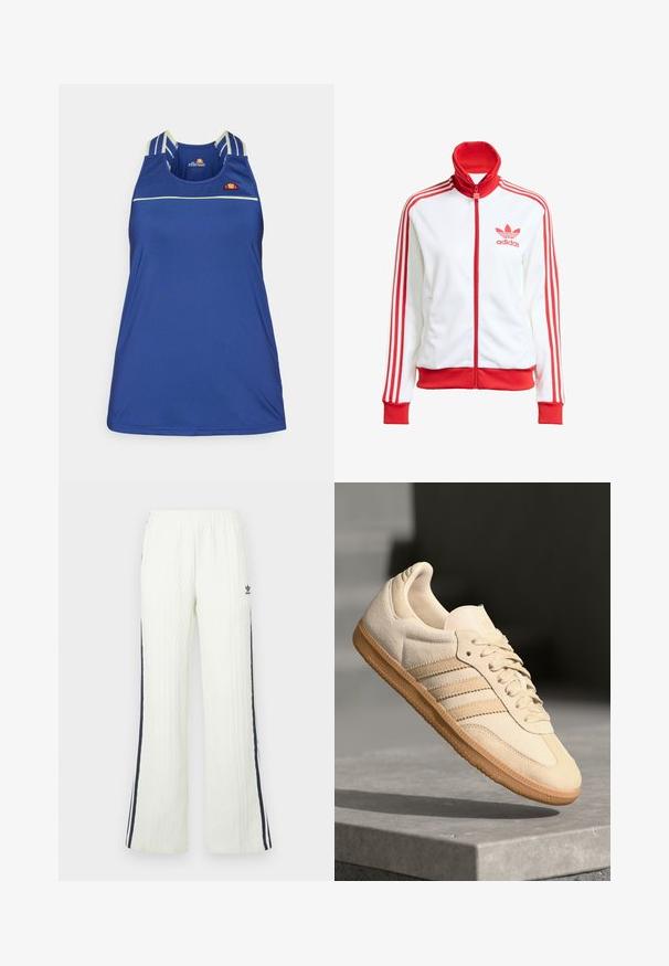 White track jacket with red accents, full zip, high collar, three red stripes on sleeves, and embroidered red Adidas logo on the chest.; Blue sleeveless athletic top made of smooth material, featuring thin white horizontal stripes and a multicolored logo on the chest.; Light cream, cable-knit pants with a flared design. Features dark blue side stripes and an Adidas logo on the hip. Elastic waistband.; Light beige suede sneaker with gum outsole, three diagonal stripes, and a textured toe cap. Features logo on the tongue and side.