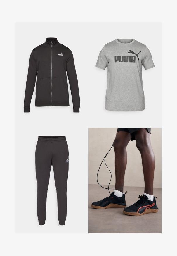 Schwarze zip-up Trainingsjacke aus glattem Stoff. Mit Stehkragen, Seitentaschen und einem weißen Puma-Logo auf der linken Brust.; Graues Baumwoll-T-Shirt mit kurzen Ärmeln, auf dem ein großes schwarzes "PUMA"-Logo und eine schwarze Puma-Grafik auf der Vorderseite zu sehen sind. Rundhalsausschnitt.; Dunkelgraue Sweatpants mit einem elastischen Bund, schmal zulaufenden Beinen und einem kleinen weißen Puma-Logo am linken Oberschenkel. Weiches Material aus Baumwollmischung.; Schwarze Sportschuhe mit einer strukturierten Oberseite, roten Akzenten und einer Gummisohle. Tragen mit weißen Socken und schwarzen Shorts, mit einem Ladekabel in der Nähe.
