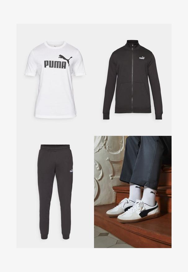 Zwarte zip-up trainingsjack van gladde stof. Heeft een opstaande kraag, zijzakken en een wit Puma-logo op de linkermouw.; Witte katoenen t-shirt met een groot zwart "PUMA" logo en een zwart springende kat grafiek aan de linkerkant. Korte mouwen, ronde hals ontwerp.; Donkergrijze sweatpants met een elastische tailleband, taps toelopende pijpen en een klein wit Puma-logo op de linker bovenbeen. Zacht katoenmix materiaal.; Puma sneakers in wit en zwart suède, met een bruine rubberen zool. Gecombineerd met witte sokken met een zwart logo, gedragen met donkere broek.