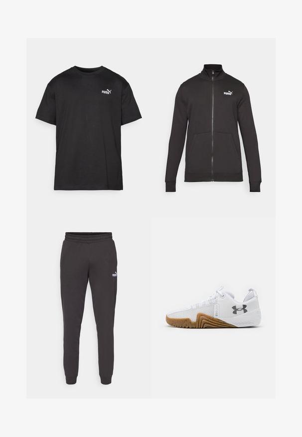 Chaqueta deportiva negra con cremallera, hecha de un tejido suave. Cuenta con un cuello alto, bolsillos laterales y un logotipo blanco de Puma en el lado izquierdo del pecho.; Camiseta de algodón negra, de manga corta, cuello redondo, con el logo blanco de Puma en el lado izquierdo del pecho, dobladillo recto, textura suave.; Pantalones de chándal gris oscuro con una cintura elástica, piernas ajustadas y un pequeño logo blanco de Puma en el muslo izquierdo. Material suave de mezcla de algodón.; Zapatillas deportivas blancas con parte superior de malla, suela de goma de color goma, acentos texturizados y un logo negro en el costado.