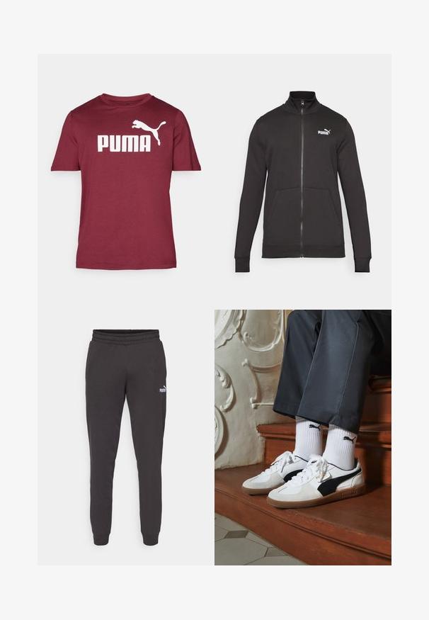 Svart zip-up träningsjacka i slät tyg. Har ståkrage, sidofickor och en vit Puma-logotyp på vänster bröst.; Bordeaux kortärmad T-shirt tillverkad av mjukt tyg, med en stor vit "PUMA"-logotyp och en hoppande puma-grafik på framsidan.; Mörkgrå träningsbyxor med elastisk midja, avsmalnande ben och en liten vit Puma-logotyp på vänster lår. Mjukt material i bomullsblandning.; Puma-sneakers i vit och svart mocka, med en brun gummisula. Kombinerade med vita strumpor som visar upp en svart logotyp, bärs tillsammans med mörka byxor.